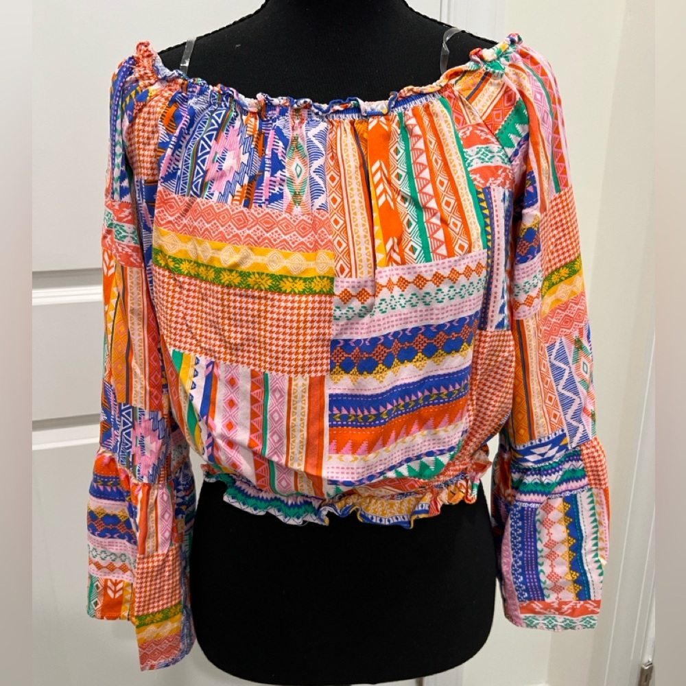 Savanna Jane Multicolor Patchwork Off-Shoulder Blouse Medium